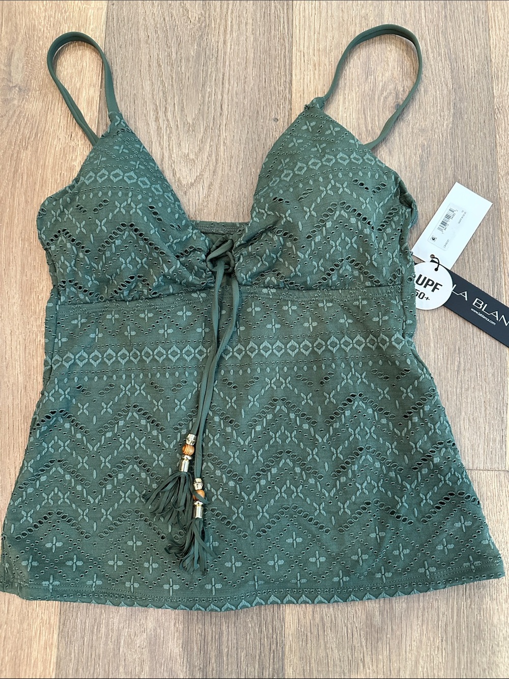 La Blanca Olive Eyelet Swim Top Tankini style with Tassel Tie